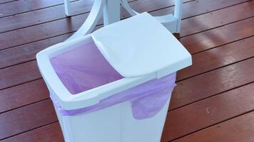 A person places a plastic bottle into a trash bin on a wooden deck, emphasizing responsible waste disposal video