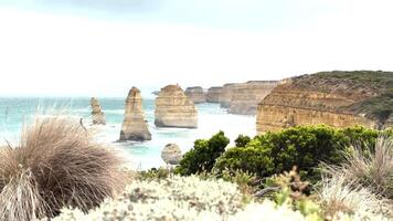 Breathtaking coastal landscape with limestone stacks, vibrant vegetation, and dynamic ocean waves under bright daylight video