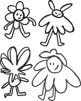 Cute hand-drawn flower characters in doodle style with playful expressions and unique shapes vector