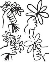 Hand-drawn doodle illustration of hands holding flowers in various poses vector