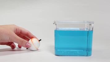 A hand drops a foam ball into blue liquid, demonstrating buoyancy. The ball floats, showcasing principles of density and flotation video