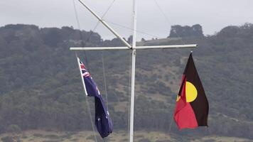 Australian and Aboriginal flags flutter in the wind against a scenic backdrop along the Great Ocean Road video