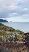 A serene coastal landscape with rocky cliffs, lush greenery, and a calm ocean under a cloudy sky video