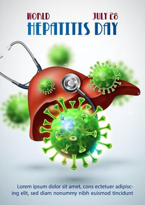 Concept and illustration poster campaign of world hepatitis day in realistic and 3d style with Stethoscope, wording of event and example texts on light blue background.