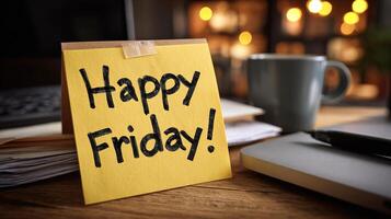 Happy friday - note on a post-it note on a desk with a laptop and coffee photo