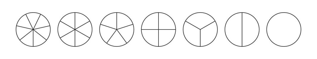 Pie chart template from 1 to 7. Collection of pizza charts. Diagram wheels. Set of segmented round charts. vector