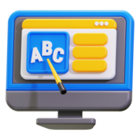 Online teaching concept with ABC displayed on computer screen in 3D for educational websites, blogs, e learning platforms, and social media png