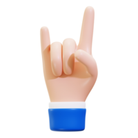 rock en con un 3d dibujos animados mano haciendo el rock y rodar gesto. adecuado para música relacionado diseños y márketing materiales vibrante y divertido gráfico png