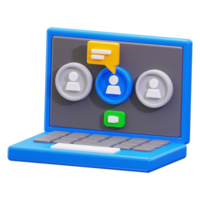 3d conference with icons on a blue laptop suitable for business, technology, remote work, online meetings, virtual team collaboration png