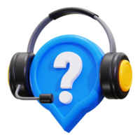 Customer support concept depicted with a 3D rendering of a headset and question mark. Suitable for customer service websites and blogs png