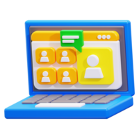 Blue 3D laptop shows online webinar setting with interactive discussion, people icons, and chat bubble. Ideal for virtual events promotion png