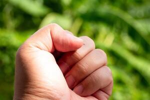 Hand gesture signifying connection green field nature outdoor setting close-up view unity concept photo