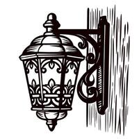 Elegant vintage iron wall lantern sketch with ornate scrollwork mounted on textured wooden surface vector