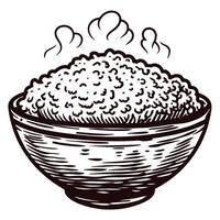 Hand drawn steaming bowl of cooked rice in vintage engraved sketch vector