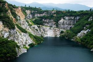 Stunning view of a serene lake amidst rocky mountains nature tranquil environment aerial perspective photo
