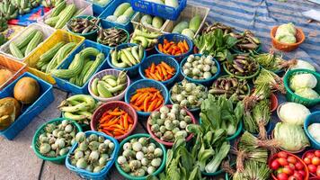 Vibrant vegetable market scene local bazaar food urban environment overhead view fresh produce collection photo