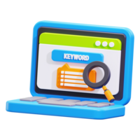 3d Blue laptop and magnifying glass searching for keywords. Ideal for SEO, digital marketing, blogging, and web design concepts png