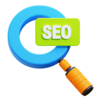 3d SEO concept with blue magnifying glass showing green SEO label. Ideal for website optimization, digital marketing, and search engine related designs png