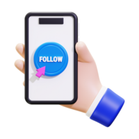 Hand Holds A Smartphone With A Blue Button That says follow 3d icon png