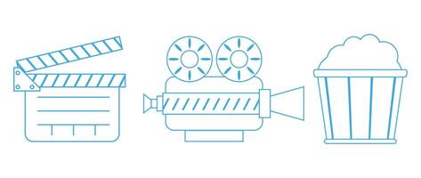 Film icons collection with movie clapper popcorn and camera for cinema content production or entertainment use vector