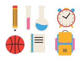 Colorful school icons set with backpack pencil notebook alarm clock test tubes for education or student needs vector