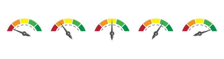 Speedometer Performance Rating Icons Set Colorful Gauge Meters Showing Level Indicators for Power, Speed, Load, or Efficiency vector