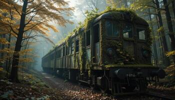 Abandoned Rusty Train in Overgrown Forest, Mystery and Decay photo
