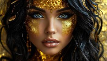 Woman with an impressive golden makeup and accessories photo