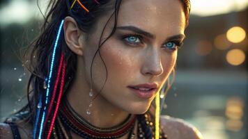 A young woman with striking blue eyes and wet hair adorned with colorful threads photo
