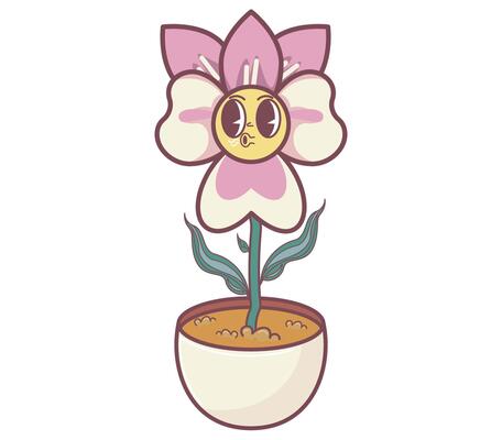 Cartoon Flower in Pot with Cheerful Face and Blooming Petals