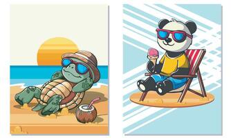 Turtle and panda relaxing in summer vector