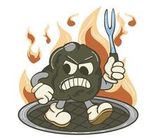 Funny Cartoon Charcoal Character Holding Grill Fork on a Flaming Background vector