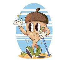 Charming Cartoon Acorn Character Walking Happily With A Cane and Smiling vector