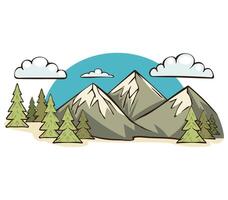 Illustrated Mountain Landscape Scene With Trees, Clouds, and Blue Sky vector