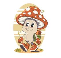 Cheerful Cartoon Mushroom Character Walking with Backpack and Gloves vector