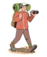 Young Hiker Enjoys the Outdoors With Backpack and Binoculars on a Trail vector