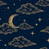 Starry magic night sky seamless pattern background. Bright golden moon, stars, clouds and constellations wallpaper. Space backdrop. Dark Sky with shiny stars. Illustration. vector