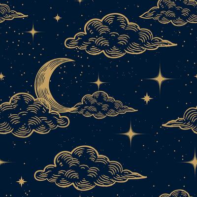 Starry magic night sky seamless pattern background. Bright golden moon, stars, clouds and constellations wallpaper. Space backdrop. Dark Sky with shiny stars. Illustration.