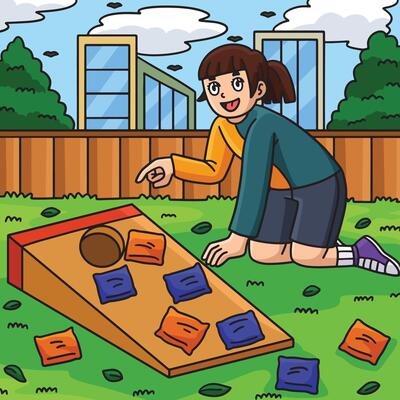 Cornhole Girl Counting the Score Colored Cartoon