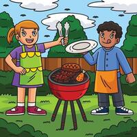 Kids cooking at a barbecue in the backyard vector