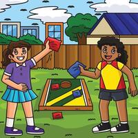 two kids playing cornhole in backyard vector