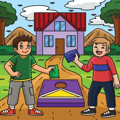 Cornhole Boys Playing Colored Cartoon Illustration