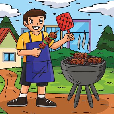 BBQ and Boy Grilling Skewers Colored Cartoon