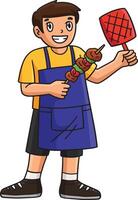 Boy Holding Skewers and a Spatula Cartoon Clipart vector