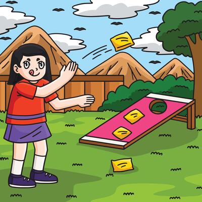 Cornhole Girl Practicing Colored Cartoon