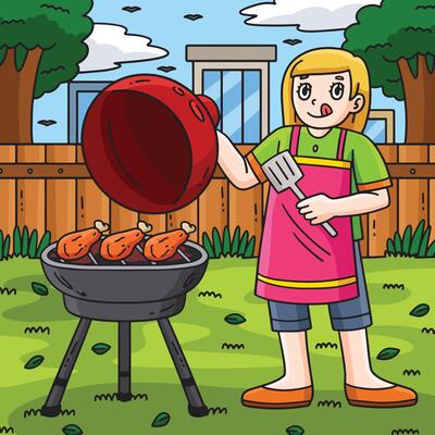 BBQ and Girl Grilling Chicken Colored Cartoon