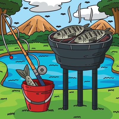 BBQ and Grilling Fish Colored Cartoon Illustration