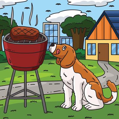BBQ and Grilling Dog Waiting Colored Cartoon