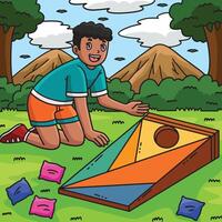 Cornhole Boy Setting Up Board Colored Cartoon vector