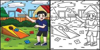 Cornhole Boy Practicing Coloring Page Illustration vector